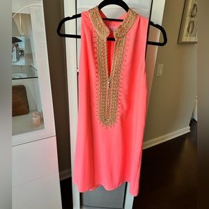 Lilly Pulitzer Jane Embroidered Shift Dress in sunrise coral & gold - 6